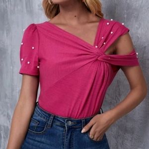 New Pink Asymmetrical Shoulder Pearl Top